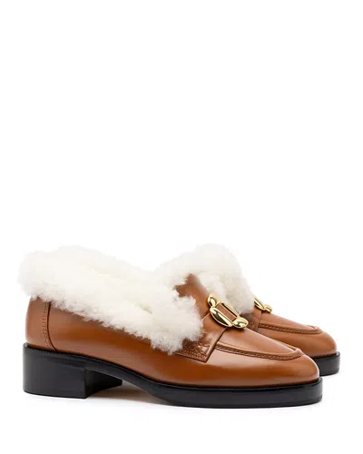 Larroude Women's Bobbie Shearling Trim Brown Block Heel Loafers In Caramel