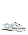 Larroude Calypso Embellished Denim Flat T-strap Sandals In Light Blue