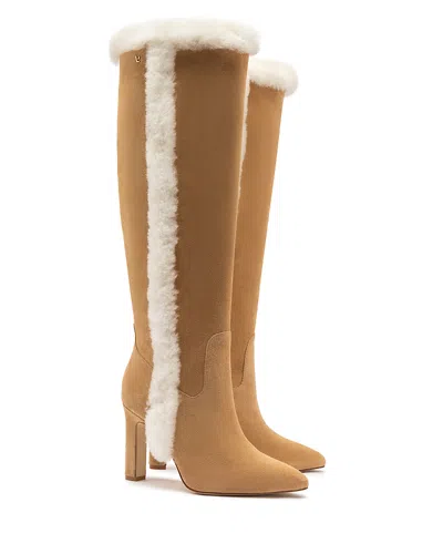 LARROUDE WOMEN'S CINDY SHEARLING TRIM TALL HIGH HEEL BOOTS