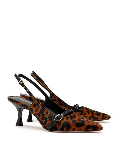 Larroude Women's Ines Pointed Toe Animal Print Calf Hair Mid Heel Slingback Pumps In Leopard
