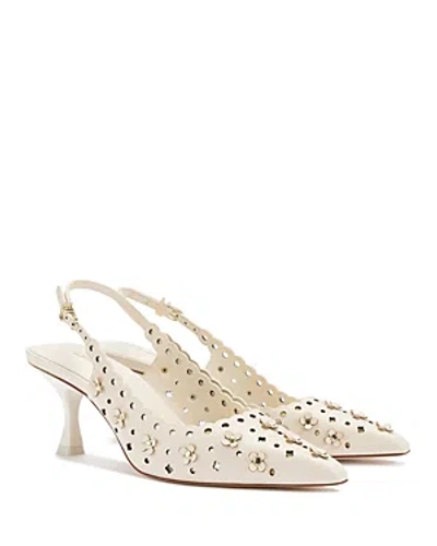 Larroude Women's Jasmine Pointed Toe Flower Detail Perforated Slingback Pumps In Ivory