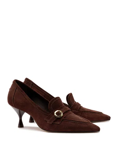 Larroude Susan Suede Buckle Loafer Pumps In Brown