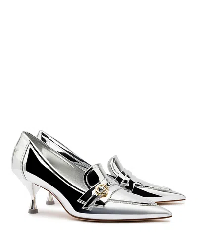 Larroude Susan Metallic Leather Buckle Loafer Pumps In Silver