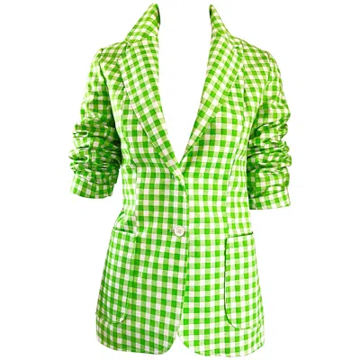 Pre-owned Larry Levine 1970s  Lime Green + White Gingham Vintage Fitted 70s Blazer Jacket