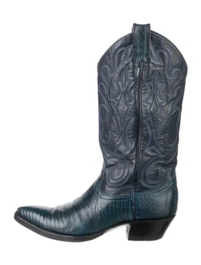 Pre-owned Larry Mahan Leather Animal Print Western Boots In Blue