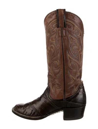 Pre-owned Larry Mahan Leather Colorblock Pattern Western Boots In Brown