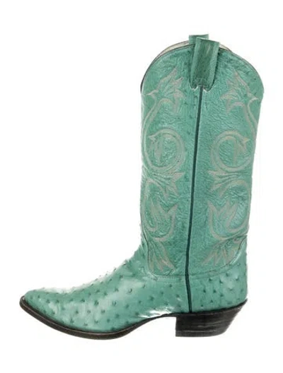 Pre-owned Larry Mahan Leather Patterned Western Boots In Green