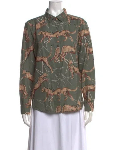 Pre-owned Las Surenas Animal Print Long Sleeve Button-up Top In Green