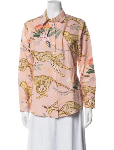 Pre-owned Las Surenas Animal Print Long Sleeve Button-up Top In Pink
