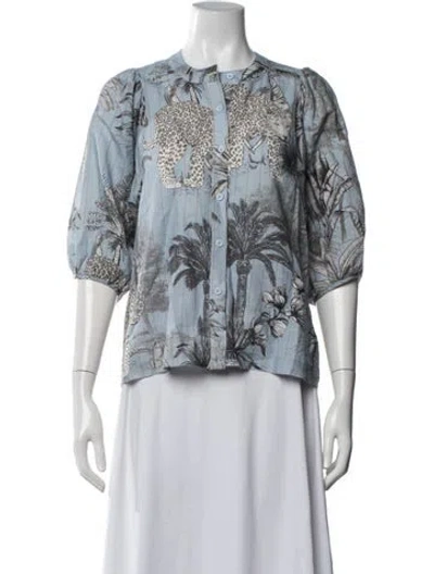 Pre-owned Las Surenas Animal Print Short Sleeve Button-up Top In White