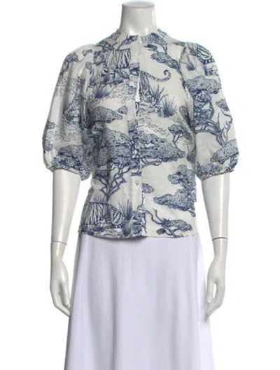 Pre-owned Las Surenas Animal Print Short Sleeve Top In White