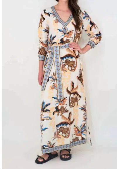 Las Surenas Bali Tiger Long Dress In White In Neutral