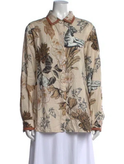 Pre-owned Las Surenas Floral Print Long Sleeve Button-up Top In Neutrals