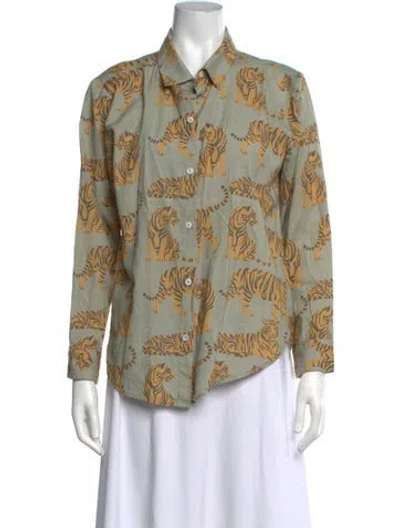 Pre-owned Las Surenas Linen Animal Print Button-up Top In Green