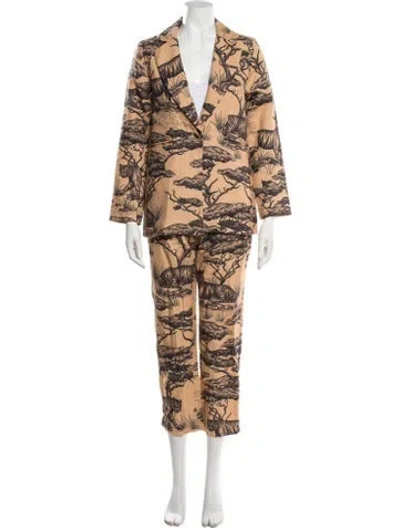 Pre-owned Las Surenas Linen Animal Print Pant Set In Orange