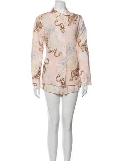 Pre-owned Las Surenas Linen Animal Print Short Set In Multicolor