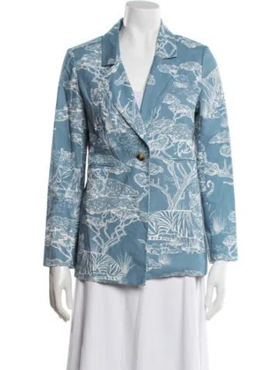 Pre-owned Las Surenas Linen Graphic Print Blazer In Blue