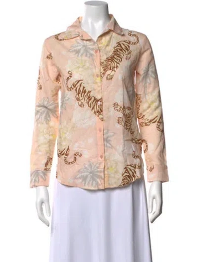 Pre-owned Las Surenas Linen Graphic Print Button-up Top In Neutrals