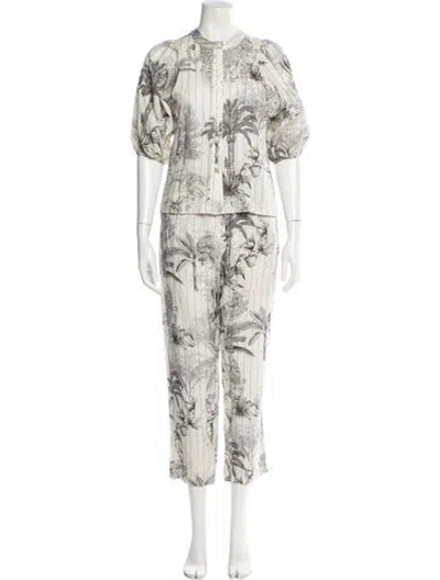 Pre-owned Las Surenas Linen Printed Set In White