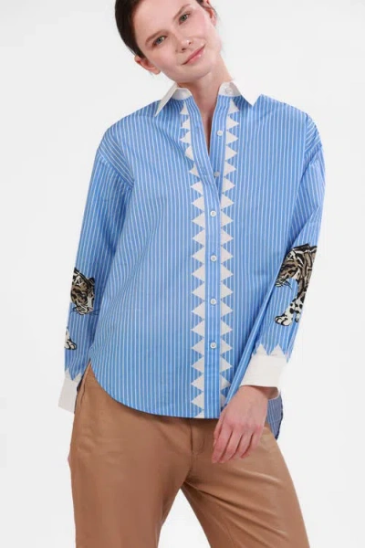 Las Surenas Poplin Snow Leopard Shirt In Light Blue