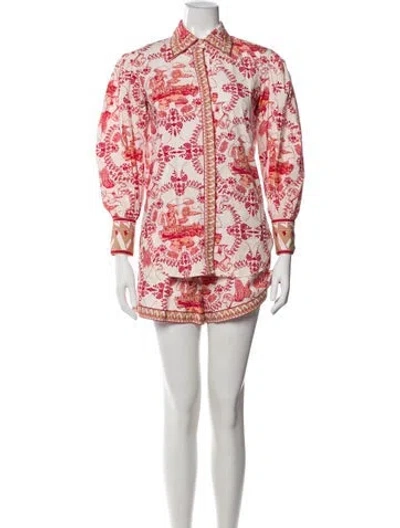 Pre-owned Las Surenas Printed Ruffle Embellishment Short Set In White