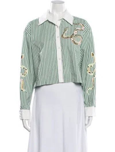 Pre-owned Las Surenas Striped Long Sleeve Button-up Top In Green