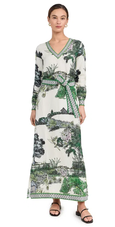 Las Surenas V Neck Long Dress Thailand White & Green/blue