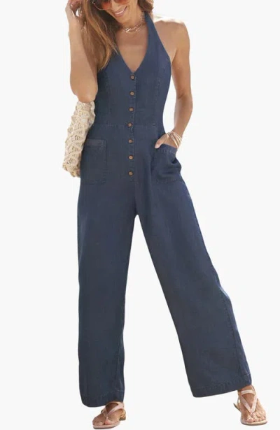 Lascana Denim Look Halterneck Jumpsuit In Blue