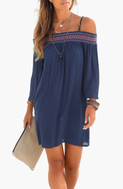 Lascana Embroidered Cold Shoulder Dress In Blue