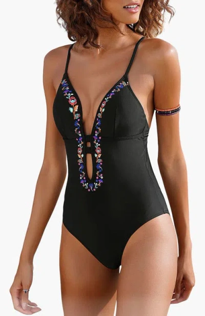 Lascana Floral Accent One Piece In Black