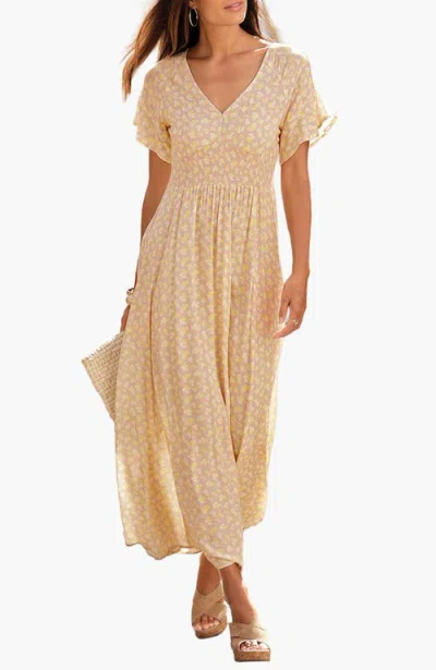 Lascana Floral V-neck Dress In Gold