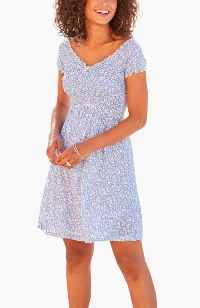 Lascana Smocked Pattern Dress In Blue-patterned