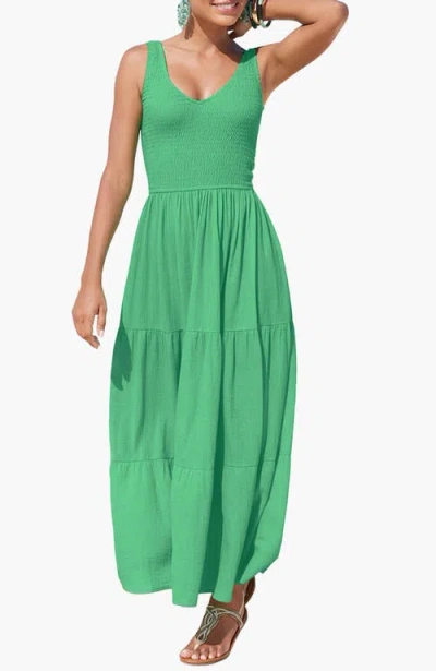 Lascana Smocked V-neck Maxi Dress In Green