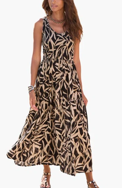 Lascana Smocked V-neck Maxi Dress In Brown