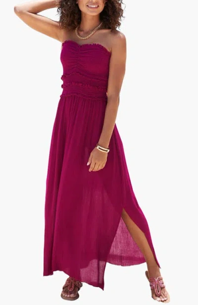 Lascana Strapless Ruffle Detail Maxi Dress In Purple