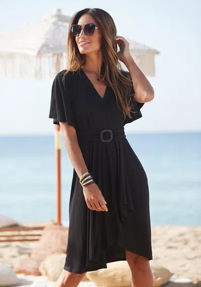 Lascana Women's Belted Asymmetrical Dress In Black