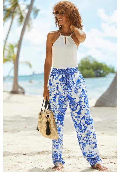 Lascana Women's Belted Floral Pants In White