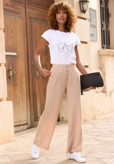Lascana Women's Button Detail Wide Leg Pants In Neutral