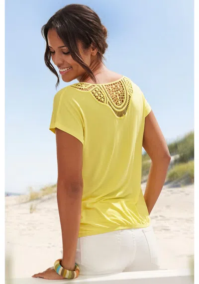 Lascana Women's Crochet Insert Short Sleeve Top In Yellow