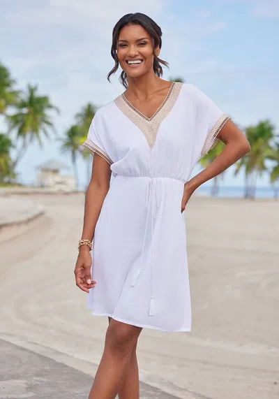 Lascana Women's Crochet Trim V-neck Dress In White