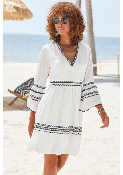 Lascana Women's Embroidered Trim V-neck Dress In White