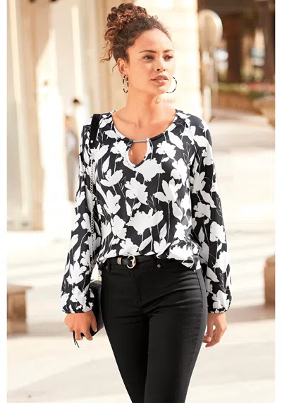 Lascana Women's Floral Keyhole Top In Black