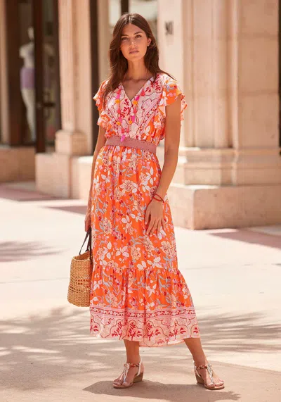 Lascana Women's Floral V-neck Maxi Dress In Orange