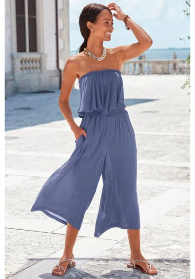 Lascana Women's Flowy Strapless Culotte Jumpsuit In Blue