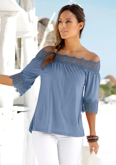 Lascana Women's Lace Accent Off The Shoulder Top In Blue