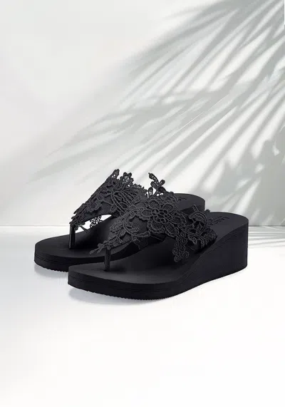 Lascana Women's Lace Detail Wedge Sandals In Black