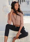 Lascana Women's Lace Trim 3/4 Sleeve Top In Beige