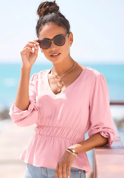 Lascana Women's Long Sleeve Peplum Blouse In Pink