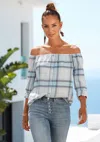 Lascana Women's Off Shoulder Plaid Blouse In Beige
