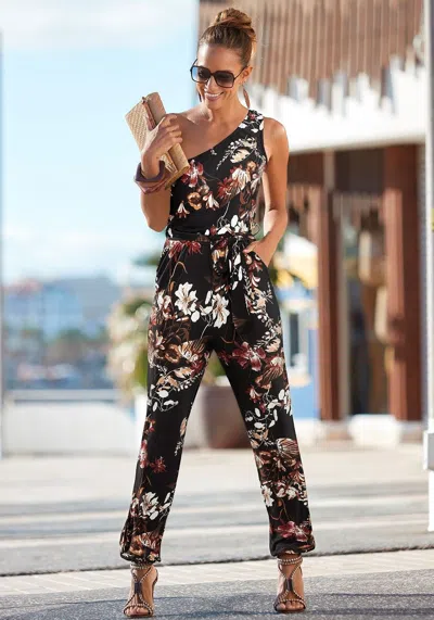 Lascana Women's One Shoulder Floral Jumpsuit In Black